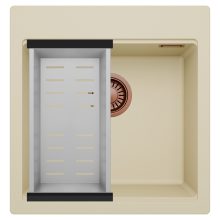 HD Infinity Beige 48 egymedencés gránit mosogatótálca szett, acél csepegtetőkosárral, soft bézs színben, szálcsiszolt réz leeresztő szifonnal