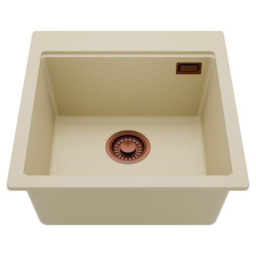 HD Infinity Beige 48 egymedencés gránit mosogatótálca, soft bézs színben, szálcsiszolt réz leeresztő szifonnal