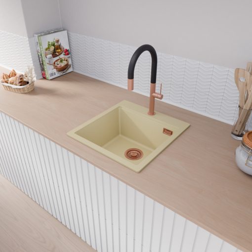 HD Infinity Beige 48 egymedencés gránit mosogatótálca, soft bézs színben, szálcsiszolt réz leeresztő szifonnal