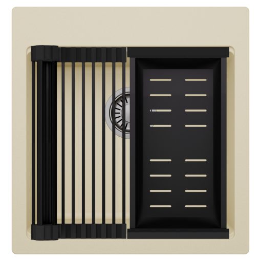 HD Infinity Beige 48 egymedencés gránit mosogatótálca szett, matt fekete csepegtetőráccsal és kosárral, soft bézs színben