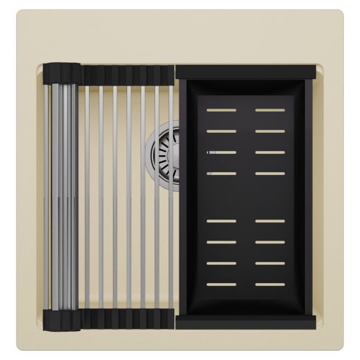 HD Infinity Beige 48 egymedencés gránit mosogatótálca szett, acél csepegtetőráccsal és matt fekete kosárral, soft bézs színben