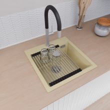 HD Infinity Beige 48 egymedencés gránit mosogatótálca szett, acél csepegtetőráccsal és matt fekete kosárral, soft bézs színben