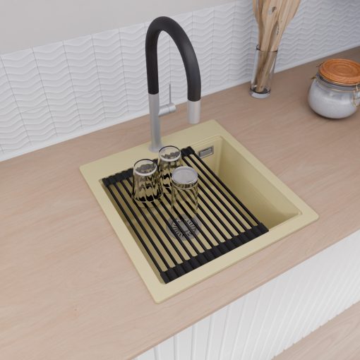 HD Infinity Beige 48 egymedencés gránit mosogatótálca szett, vágódeszkával, matt fekete csepegtetőráccsal és kosárral, soft bézs színben