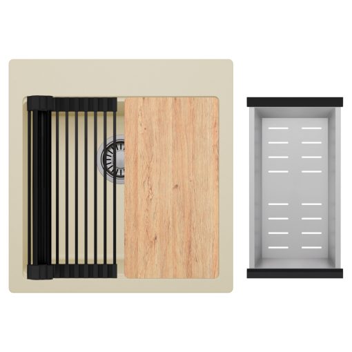 HD Infinity Beige 48 egymedencés gránit mosogatótálca szett, vágódeszkával, matt fekete csepegtetőráccsal és krómozott kosárral, soft bézs színben