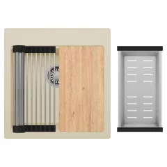   HD Infinity Beige 48 egymedencés gránit mosogatótálca szett, vágódeszkával, acél csepegtetőráccsal és kosárral, soft bézs színben