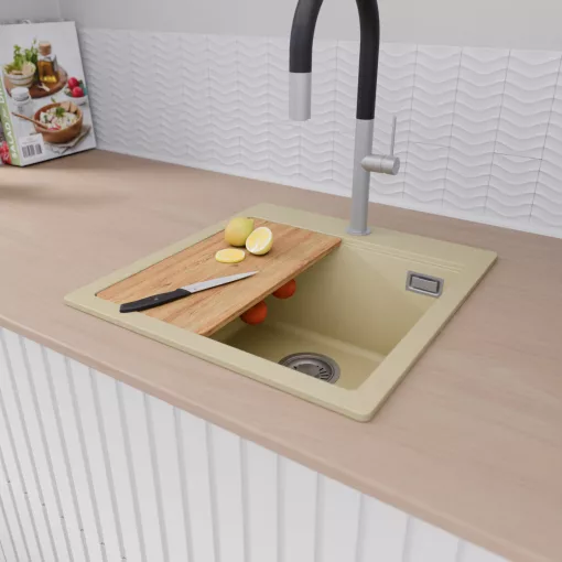 HD Infinity Beige 48 egymedencés gránit mosogatótálca szett, vágódeszkával, acél csepegtetőráccsal és kosárral, soft bézs színben