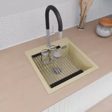 HD Infinity Beige 48 egymedencés gránit mosogatótálca szett, vágódeszkával, acél csepegtetőráccsal és kosárral, soft bézs színben