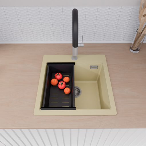 HD Infinity Beige 48 egymedencés gránit mosogatótálca szett, matt fekete csepegtetőkosárral, soft bézs színben