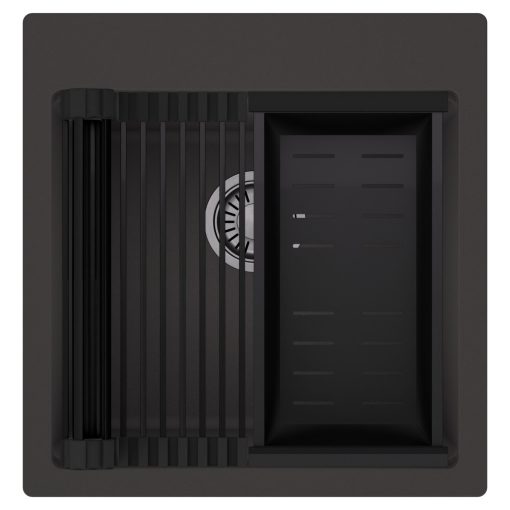 HD Infinity Antracit 48 egymedencés gránit mosogatótálca szett, matt fekete csepegtetőráccsal és kosárral, matt antracit színben, szálcsiszolt króm leeresztő szifonnal