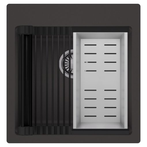 HD Infinity Antracit 48 egymedencés gránit mosogatótálca szett, matt fekete csepegtetőráccsal és krómozott kosárral, matt antracit színben, szálcsiszolt króm leeresztő szifonnal