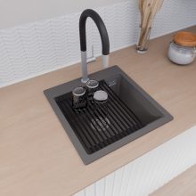 HD Infinity Antracit 48 egymedencés gránit mosogatótálca szett, vágódeszkával, matt fekete csepegtetőráccsal és kosárral, matt antracit színben, szálcsiszolt króm leeresztő szifonnal