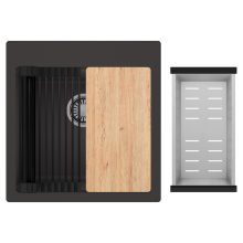 HD Infinity Antracit 48 egymedencés gránit mosogatótálca szett, vágódeszkával, matt fekete csepegtetőráccsal és krómozott kosárral, matt antracit színben, szálcsiszolt króm leeresztő szifonnal