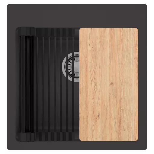 HD Infinity Antracit 48 egymedencés gránit mosogatótálca szett, vágódeszkával, matt fekete csepegtetőráccsal, matt antracit színben, szálcsiszolt króm leeresztő szifonnal