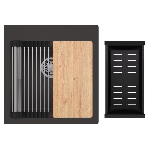 HD Infinity Antracit 48 egymedencés gránit mosogatótálca szett, vágódeszkával, acél csepegtetőráccsal és matt fekete kosárral, matt antracit színben, szálcsiszolt króm leeresztő szifonnal