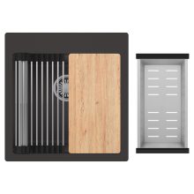 HD Infinity Antracit 48 egymedencés gránit mosogatótálca szett, vágódeszkával, acél csepegtetőráccsal és kosárral, matt antracit színben, szálcsiszolt króm leeresztő szifonnal