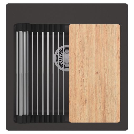 HD Infinity Antracit 48 egymedencés gránit mosogatótálca szett, vágódeszkával, acél csepegtetőráccsal, matt antracit színben, szálcsiszolt króm leeresztő szifonnal