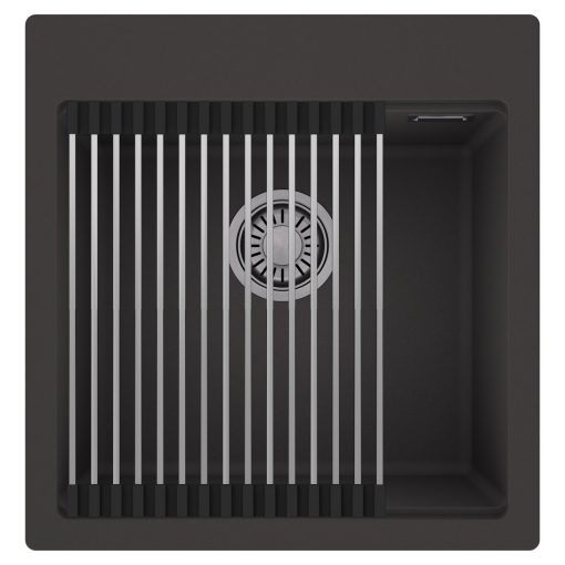 HD Infinity Antracit 48 egymedencés gránit mosogatótálca szett, acél csepegtetőráccsal, matt antracit színben, szálcsiszolt króm leeresztő szifonnal