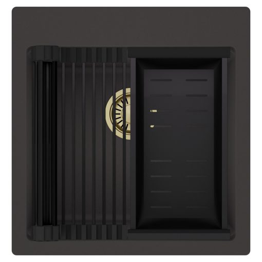 HD Infinity Antracit 48 egymedencés gránit mosogatótálca szett, matt fekete csepegtetőráccsal és kosárral, matt antracit színben, szálcsiszolt arany leeresztő szifonnal