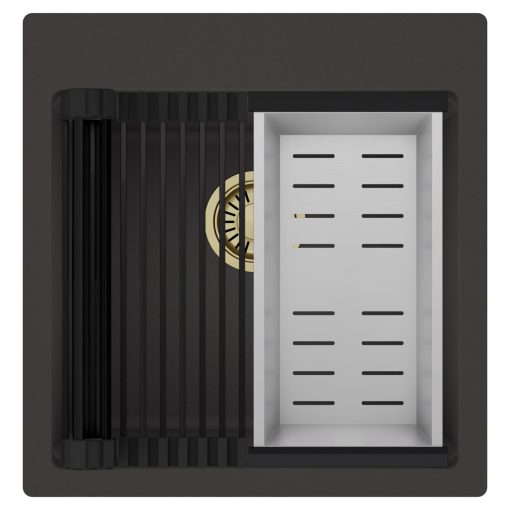 HD Infinity Antracit 48 egymedencés gránit mosogatótálca szett, matt fekete csepegtetőráccsal és krómozott kosárral, matt antracit színben, szálcsiszolt arany leeresztő szifonnal