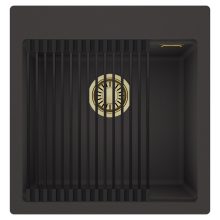 HD Infinity Antracit 48 egymedencés gránit mosogatótálca szett, matt fekete csepegtetőráccsal, matt antracit színben, szálcsiszolt arany leeresztő szifonnal