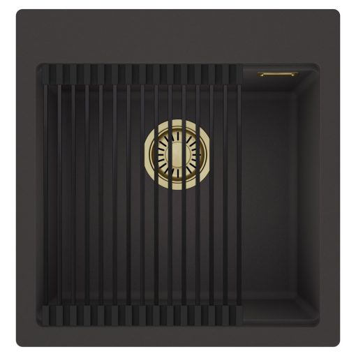HD Infinity Antracit 48 egymedencés gránit mosogatótálca szett, matt fekete csepegtetőráccsal, matt antracit színben, szálcsiszolt arany leeresztő szifonnal