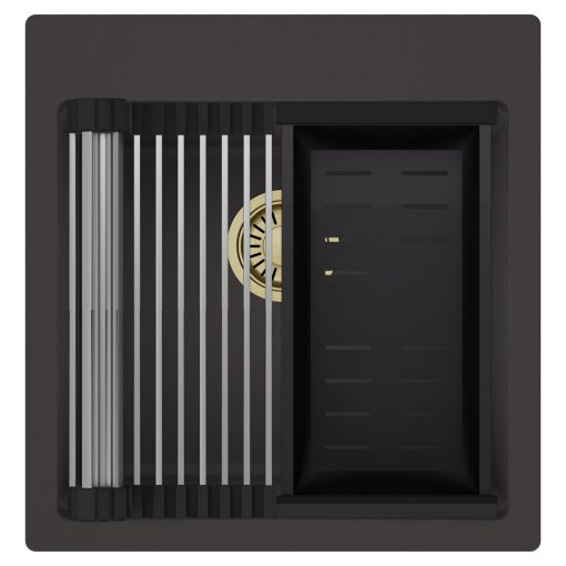 HD Infinity Antracit 48 egymedencés gránit mosogatótálca szett, acél csepegtetőráccsal és matt fekete kosárral, matt antracit színben, szálcsiszolt arany leeresztő szifonnal