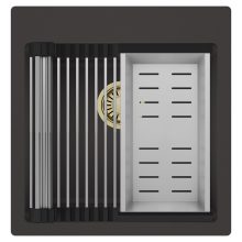 HD Infinity Antracit 48 egymedencés gránit mosogatótálca szett, acél csepegtetőráccsal és kosárral, matt antracit színben, szálcsiszolt arany leeresztő szifonnal