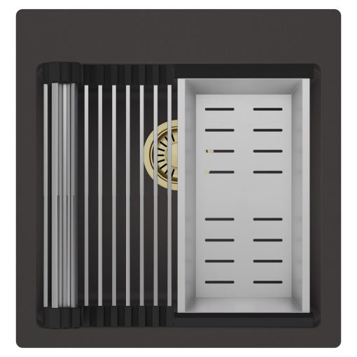 HD Infinity Antracit 48 egymedencés gránit mosogatótálca szett, acél csepegtetőráccsal és kosárral, matt antracit színben, szálcsiszolt arany leeresztő szifonnal