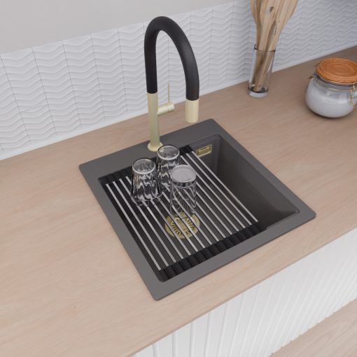 HD Infinity Antracit 48 egymedencés gránit mosogatótálca szett, acél csepegtetőráccsal és kosárral, matt antracit színben, szálcsiszolt arany leeresztő szifonnal