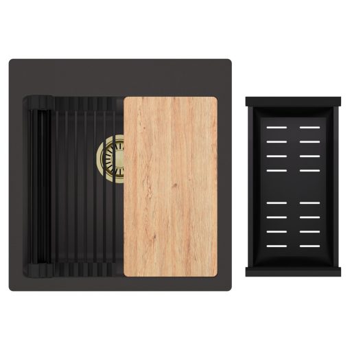 HD Infinity Antracit 48 egymedencés gránit mosogatótálca szett, vágódeszkával, matt fekete csepegtetőráccsal és kosárral, matt antracit színben, szálcsiszolt arany leeresztő szifonnal