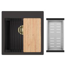 HD Infinity Antracit 48 egymedencés gránit mosogatótálca szett, vágódeszkával, matt fekete csepegtetőráccsal és krómozott kosárral, matt antracit színben, szálcsiszolt arany leeresztő szifonnal