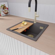 HD Infinity Antracit 48 egymedencés gránit mosogatótálca szett, vágódeszkával, matt fekete csepegtetőráccsal és krómozott kosárral, matt antracit színben, szálcsiszolt arany leeresztő szifonnal