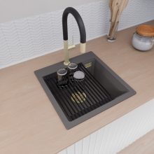 HD Infinity Antracit 48 egymedencés gránit mosogatótálca szett, vágódeszkával, matt fekete csepegtetőráccsal és krómozott kosárral, matt antracit színben, szálcsiszolt arany leeresztő szifonnal