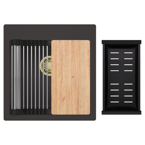 HD Infinity Antracit 48 egymedencés gránit mosogatótálca szett, vágódeszkával, acél csepegtetőráccsal és matt fekete kosárral, matt antracit színben, szálcsiszolt arany leeresztő szifonnal