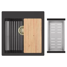 HD Infinity Antracit 48 egymedencés gránit mosogatótálca szett, vágódeszkával, acél csepegtetőráccsal és kosárral, matt antracit színben, szálcsiszolt arany leeresztő szifonnal