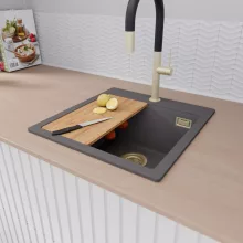 HD Infinity Antracit 48 egymedencés gránit mosogatótálca szett, vágódeszkával, acél csepegtetőráccsal és kosárral, matt antracit színben, szálcsiszolt arany leeresztő szifonnal