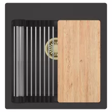 HD Infinity Antracit 48 egymedencés gránit mosogatótálca szett, vágódeszkával, acél csepegtetőráccsal, matt antracit színben, szálcsiszolt arany leeresztő szifonnal