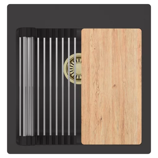 HD Infinity Antracit 48 egymedencés gránit mosogatótálca szett, vágódeszkával, acél csepegtetőráccsal, matt antracit színben, szálcsiszolt arany leeresztő szifonnal