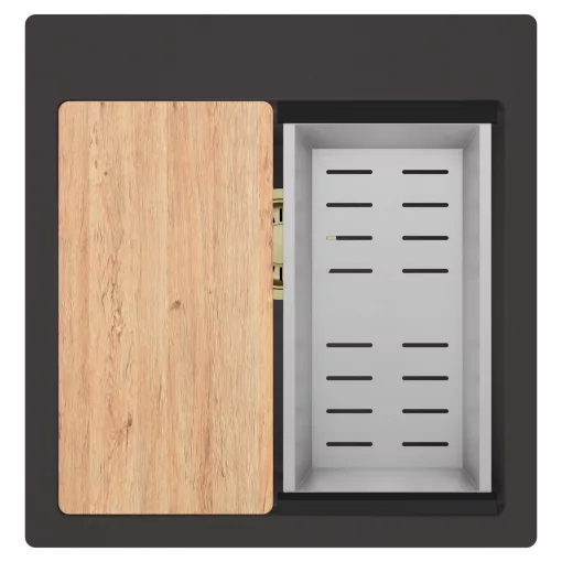 HD Infinity Antracit 48 egymedencés gránit mosogatótálca szett, vágódeszkával, acél csepegtetőkosárral, matt antracit színben, szálcsiszolt arany leeresztő szifonnal