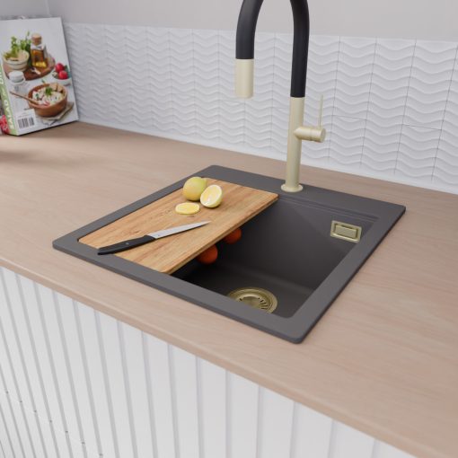 HD Infinity Antracit 48 egymedencés gránit mosogatótálca, vágódeszkával, matt antracit színben, szálcsiszolt arany leeresztő szifonnal
