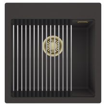 HD Infinity Antracit 48 egymedencés gránit mosogatótálca szett, acél csepegtetőráccsal, matt antracit színben, szálcsiszolt arany leeresztő szifonnal