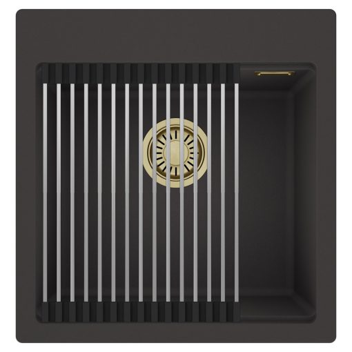 HD Infinity Antracit 48 egymedencés gránit mosogatótálca szett, acél csepegtetőráccsal, matt antracit színben, szálcsiszolt arany leeresztő szifonnal