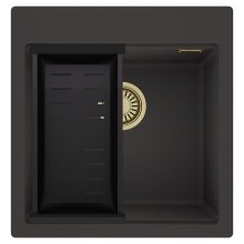 HD Infinity Antracit 48 egymedencés gránit mosogatótálca szett, matt fekete csepegtetőkosárral, matt antracit színben, szálcsiszolt arany leeresztő szifonnal