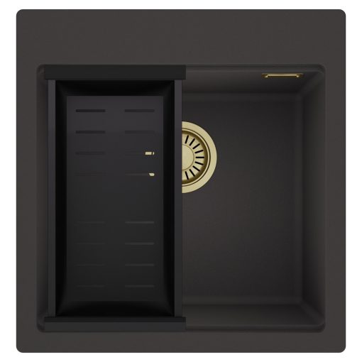 HD Infinity Antracit 48 egymedencés gránit mosogatótálca szett, matt fekete csepegtetőkosárral, matt antracit színben, szálcsiszolt arany leeresztő szifonnal
