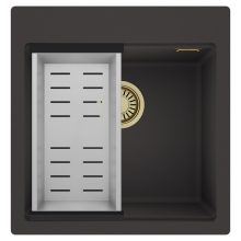 HD Infinity Antracit 48 egymedencés gránit mosogatótálca szett, acél csepegtetőkosárral, matt antracit színben, szálcsiszolt arany leeresztő szifonnal