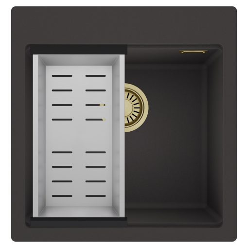 HD Infinity Antracit 48 egymedencés gránit mosogatótálca szett, acél csepegtetőkosárral, matt antracit színben, szálcsiszolt arany leeresztő szifonnal