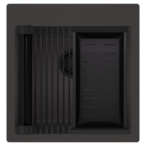 HD Infinity Antracit 48 egymedencés gránit mosogatótálca szett, matt fekete csepegtetőráccsal és kosárral, matt antracit színben, matt fekete leeresztő szifonnal