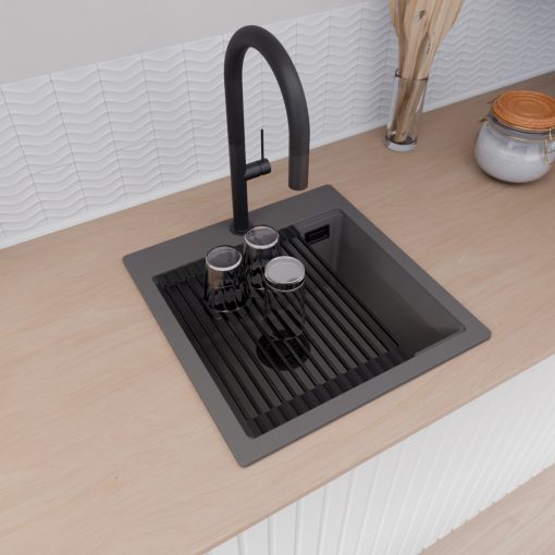 HD Infinity Antracit 48 egymedencés gránit mosogatótálca szett, matt fekete csepegtetőráccsal és kosárral, matt antracit színben, matt fekete leeresztő szifonnal