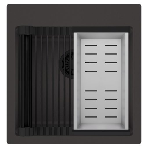 HD Infinity Antracit 48 egymedencés gránit mosogatótálca szett, matt fekete csepegtetőráccsal és krómozott kosárral, matt antracit színben, matt fekete leeresztő szifonnal