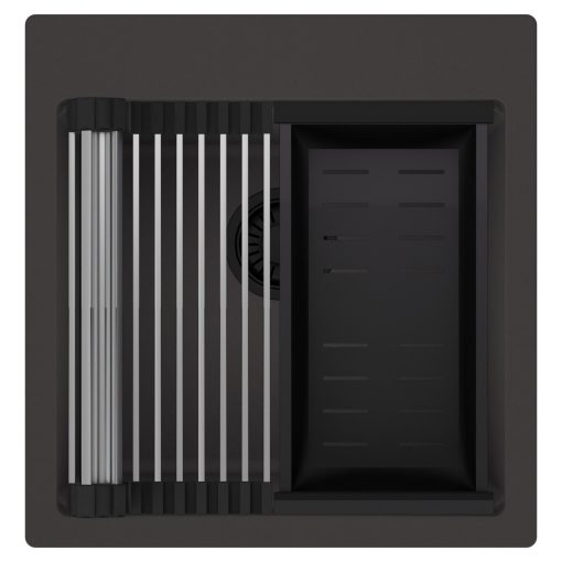 HD Infinity Antracit 48 egymedencés gránit mosogatótálca szett, acél csepegtetőráccsal és matt fekete kosárral, matt antracit színben, matt fekete leeresztő szifonnal